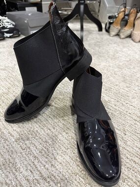 Girotti Black Patent Leather Ankle Boots with Elastic Wrap Italian Made